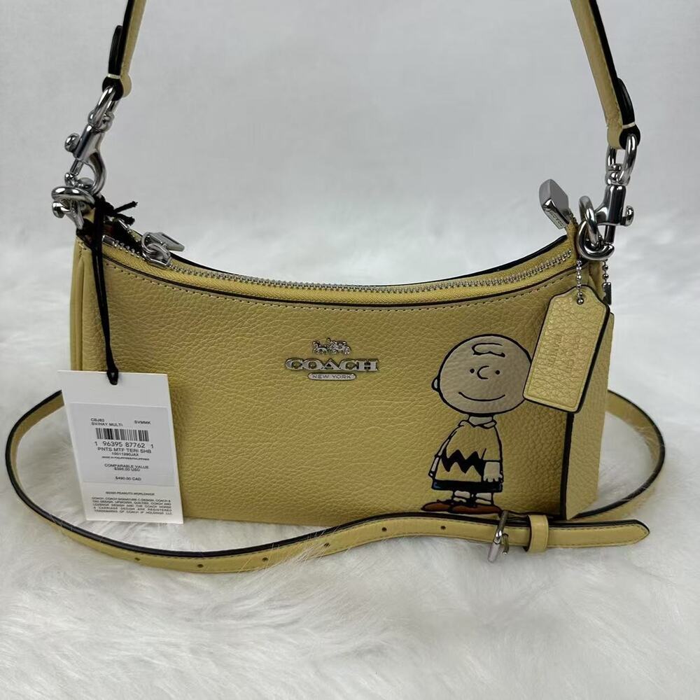 Coach X Peanuts Teri Shoulder Bag With Charlie Brown In Leather/Hay CBJ83 NWT - Picture 3 of 9
